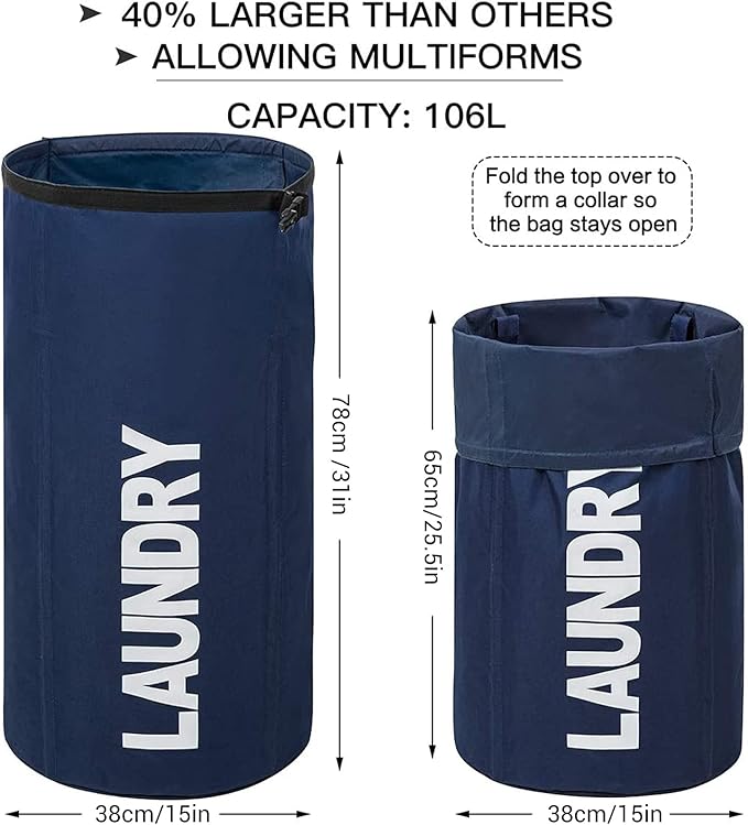 WOWLIVE Extra Large Foldable Laundry Bag Durable Laundry Basket Collapsible Laundry Hamper Backpack Laundry LinerDirty Clothes Hamper Standing Waterproof Hampers for Laundry Dorm Room(Dark blue)