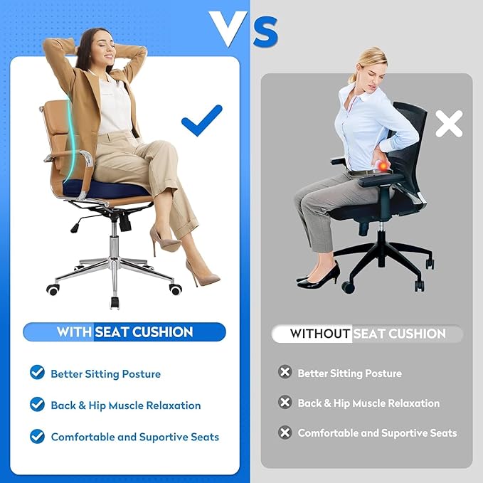 XXL Seat Cushion Office Car Seat Cushion, Memory Foam Cushion for Office Chair, Car Seat, Airplane, Bleacher Non-Slip Chair Pad, Butt Pillow for Desk, Wheelchair, Car (Blue)