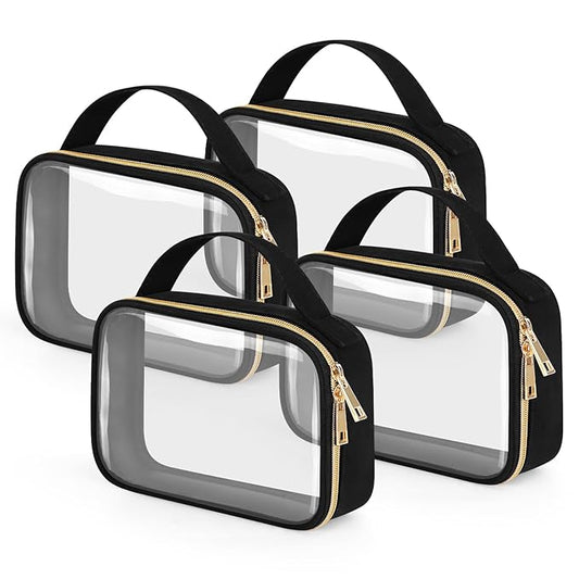 Wedama TSA Approved Toiletry Bag, 4 Pack Clear Makeup Bags with Handles, Quart Size Toiletry Bags, PVC Clear Cosmetic Bags for Women and Men, Carry on Airport Airline Compliant Bag, Black