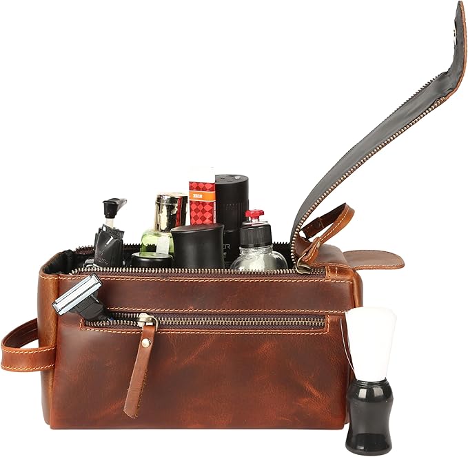 KomalC Premium Buffalo Leather Toiletry Bag for Men & Women – Leather Dopp Kit With Water resistant Lining, Premium Toiletry Travel Pouch, Unisex Wash Bag for Toiletries, Gifts for Men and Women