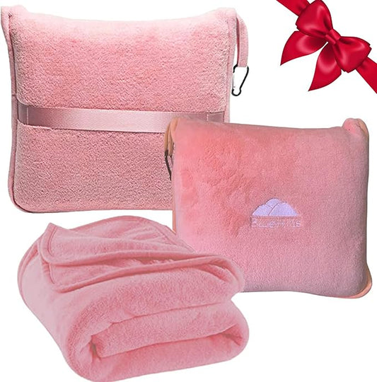 BlueHills Premium Soft Travel Blanket Pillow Airplane Blanket in Soft Bag case with Hand Luggage Belt and Carabiner Compact Pack Large Cozy Portable for Plane Car Train Transit Light Pink T020