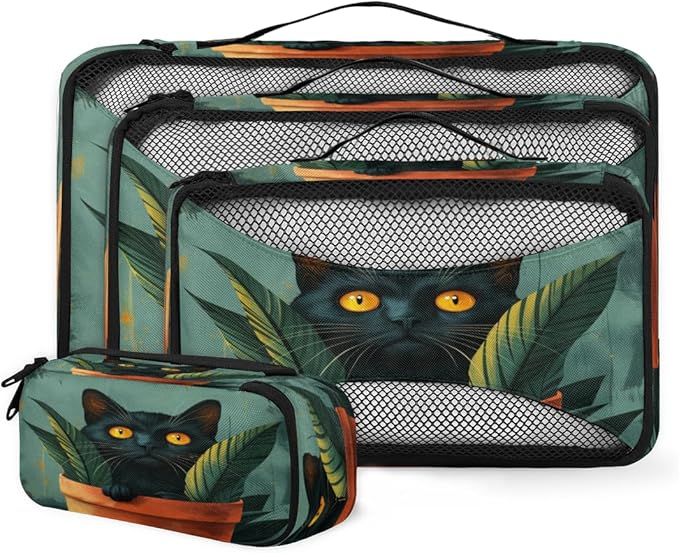 Watercolor Cat Packing Cubes 4 Pack Travel Packing Bags Set Lightweight Mesh Travel Luggage Organizer Clothes Carry on Suitcase Bags for Accessories Essentials