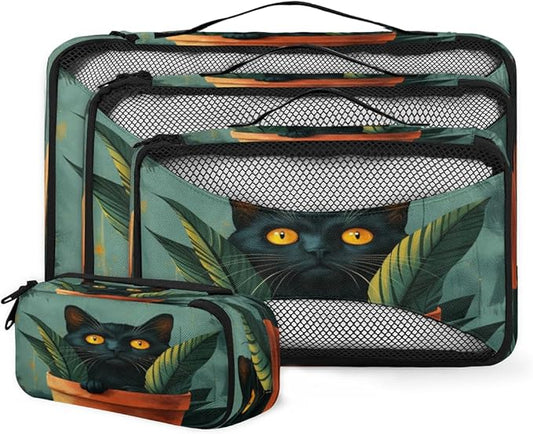 Watercolor Cat Packing Cubes 4 Pack Travel Packing Bags Set Lightweight Mesh Travel Luggage Organizer Clothes Carry on Suitcase Bags for Accessories Essentials