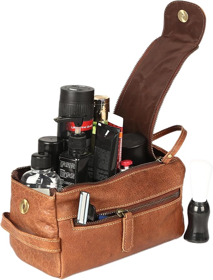 KomalC Premium Buffalo Leather Toiletry Bag for Men & Women – Leather Dopp Kit With Water resistant Lining, Premium Toiletry Travel Pouch, Unisex Wash Bag for Toiletries, Gifts for Men and Women
