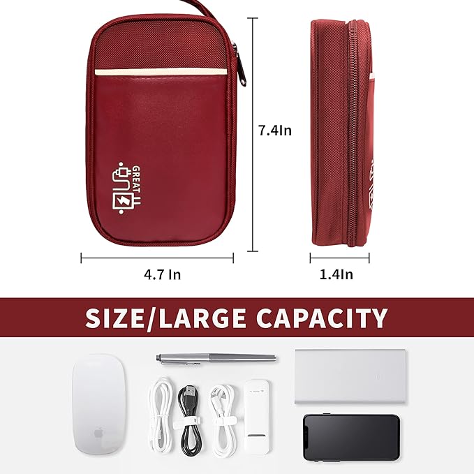 Travel Cable Organizer Bag Pouch Electronic Accessories Carry Case Portable Waterproof All-in-One Storage Bag for Cable,Charger, Phone, Hard Drive，SD Card-Wind Red