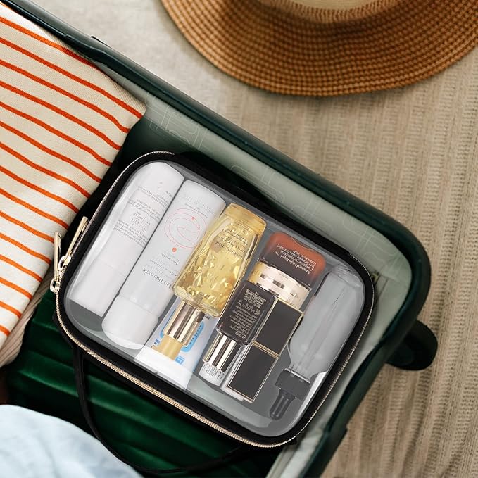 Wedama 2 Pack Toiletry Bags with Handles, Large Opening PVC Cosmetic Bags, Double Zipper, Black