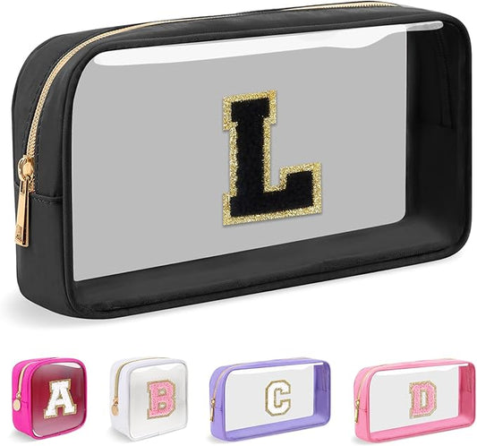 Small Clear Personalized Initial Makeup Bag,Nylon Preppy A-Z Chenille Letter Patch Cosmetic Pouch Beach Toiletry Bag,Waterproof Zipper Travel Purse Storage Bag Organizer for Women Girls(Black-Black L)