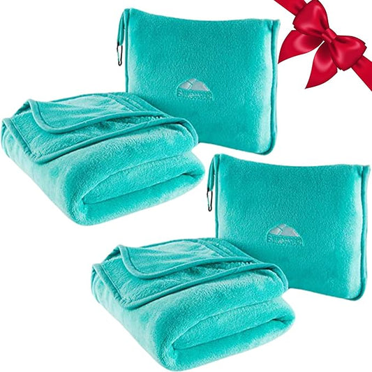 BlueHills 2-Pack Premium Soft Travel Blanket Pillow Airplane Blanket for Two in Soft Bag Pillowcase Compact Pack Large Blankets for Travel (Teal Green T012)