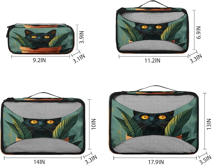 Watercolor Cat Packing Cubes 4 Pack Travel Packing Bags Set Lightweight Mesh Travel Luggage Organizer Clothes Carry on Suitcase Bags for Accessories Essentials