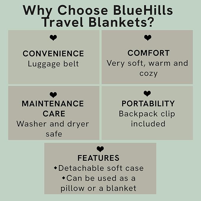 BlueHills Premium Soft Travel Blanket Pillow Airplane Blanket Soft Bag Pillow case with Hand Luggage Belt and Backpack Clip Compact Pack Large Portable Throw Air Plane Flight Travel (Brown T009)