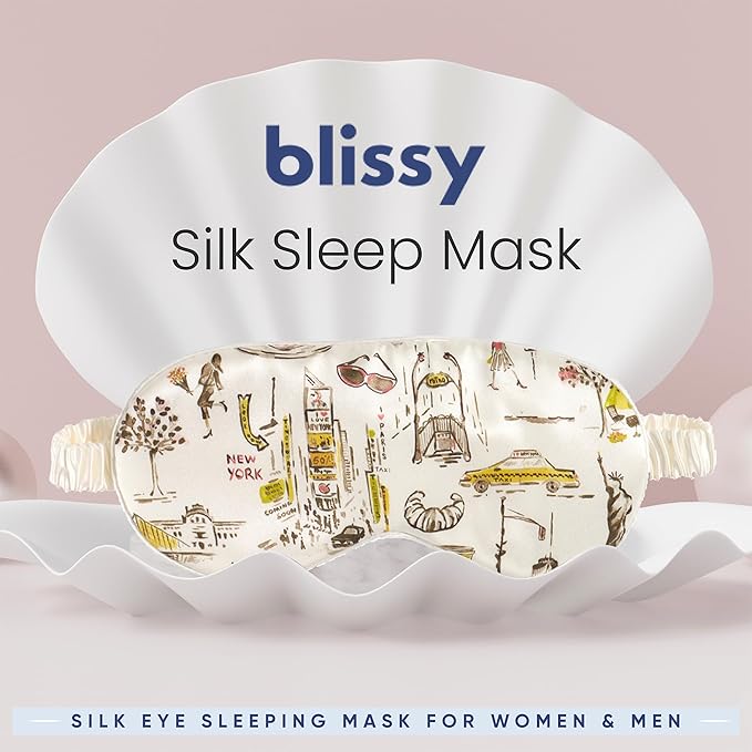 Blissy Silk Sleep Mask - Eye Sleeping Mask for Women & Men for Total Blackout - 100% Pure Mulberry Silk, 22 Momme 6a Fibers - Blindfold Sleep Mask Side Sleeper Eye Cover (NY to Paris)