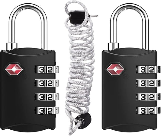 ZHEGE Travel Locks 2 Pack, TSA Locks for Luggage with Flexible Cable (30 Inch) for Gym, Suitcase, Backpack, Baggage, Easy Read Dial with Alloy Body (2 Pack, Black)