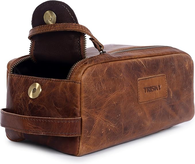 TRISKY Buffalo Leather Toiletries Bag For Men & Women- Mens Toiletry Bags, Travel Pouch With Water Resistant Lining, Mens Toiletry Travel Bag Leather, King-size Handcrafted - Tan
