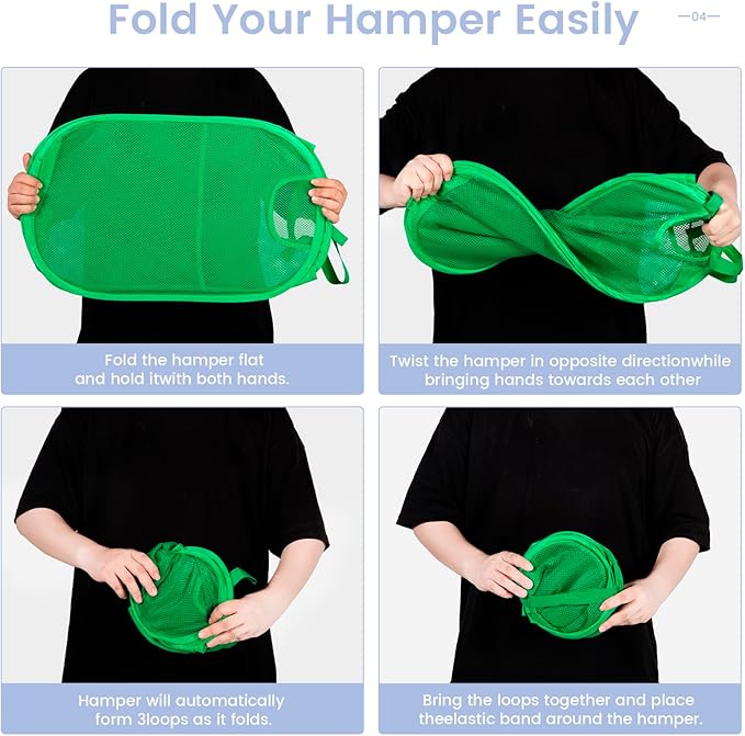 HOUSE AGAIN Pop Up Laundry Hamper, Strong Mesh Laundry Baskets Collapsible, Hamper with Handles and Side Pocket, Portable Foldable Dirty Clothes for Dorm, Laundry room and Travel Storage, Green