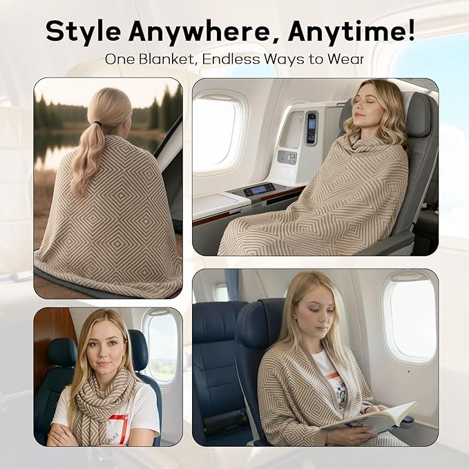 Compact Travel Blanket - Ultra Soft & Lightweight Knit Design Airplane Blanket, 53x72 Inch, Stylish Travel Shawl Wraps for Flights, Car,Travel Essentials, Gifts, Camping
