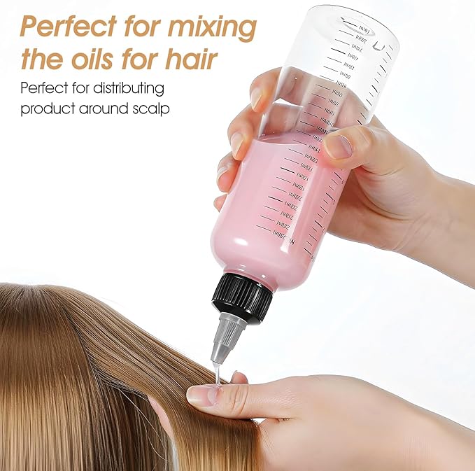 3 Pack Hair Oil Bottle 8.5oz-Hair Oil Applicator Plastic Squeeze Bottles Scalp Oil-Applicator Hair Dye Bottle, Twist-On Top Tip Cap, Refillable Bottles with Graduated Scale and Twist Top