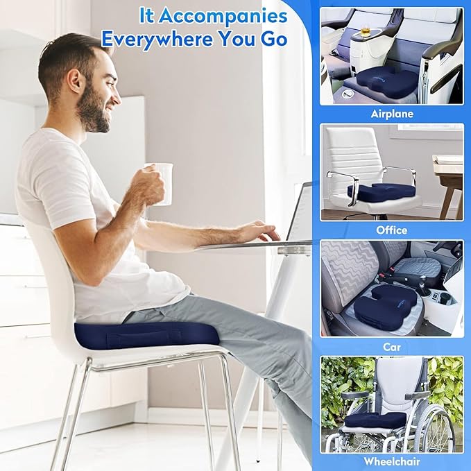 XXL Seat Cushion Office Car Seat Cushion, Memory Foam Cushion for Office Chair, Car Seat, Airplane, Bleacher Non-Slip Chair Pad, Butt Pillow for Desk, Wheelchair, Car (Blue)