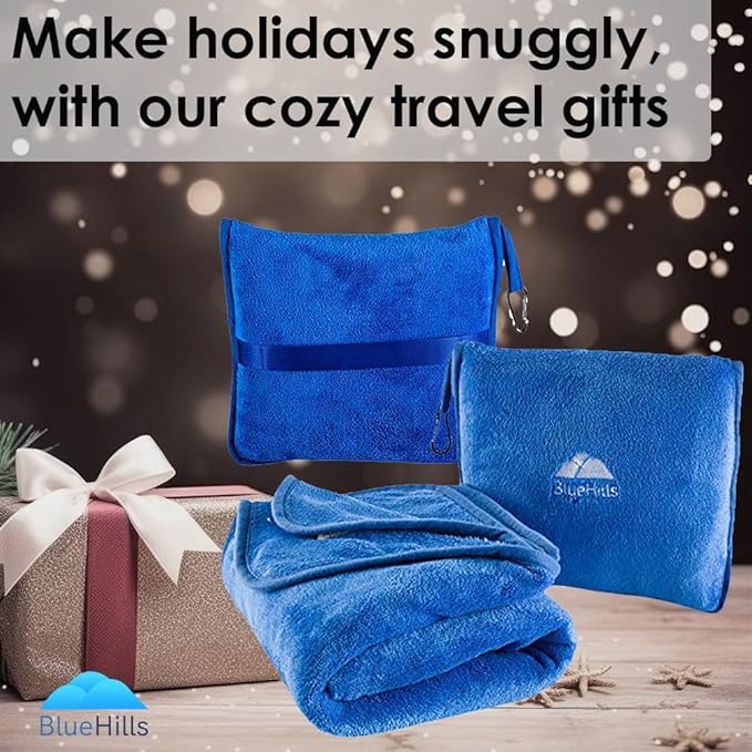 BlueHills Premium Soft Travel Blanket Pillow Airplane Blanket Packed in Soft Bag Pillowcase with Hand Luggage Belt and Backpack Clip, Compact Pack Large Plush for Any Travel (Royal Blue T003)