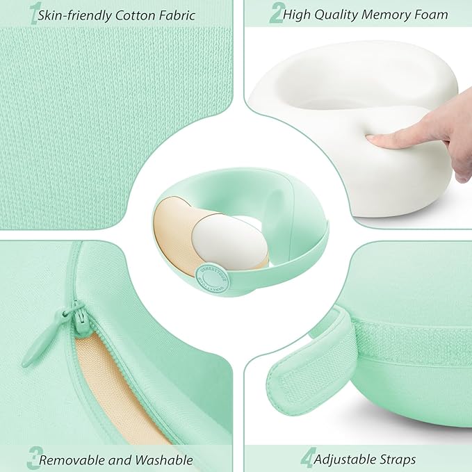 Car Pillow for Big Kids Travel Neck Pillows, Memory Foam Neck Support Travelling Pillow with Washable Cotton Pillowcases and Storage Bag, for Airplane, Train, Flight and Home Use Green