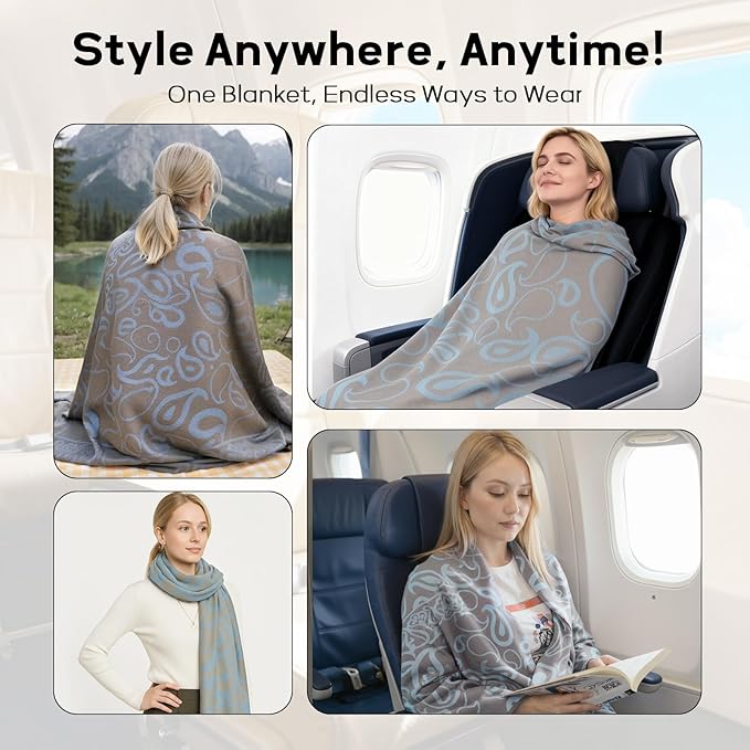 Compact Travel Blanket - Ultra Soft & Lightweight Knit Design Airplane Blanket, 53x72 Inch, Stylish Travel Shawl Wraps for Flights, Car,Travel Essentials, Gifts, Camping
