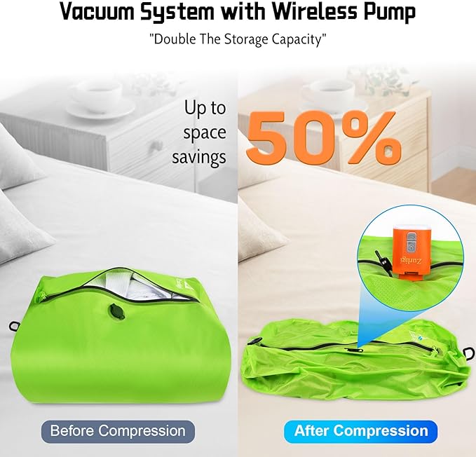 Zurligi Vacuum Bags for Travel with Pump, Vacuum Compression Bag with Adjustable Shoulder Strap, IP67 Reusable Vacuum Packing Cubes for Luggage, Backpack, Suitcase, Yoga, Swim, Beach