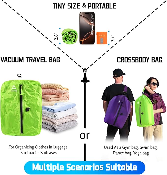 Zurligi Vacuum Bags for Travel with Pump, Vacuum Compression Bag with Adjustable Shoulder Strap, IP67 Reusable Vacuum Packing Cubes for Luggage, Backpack, Suitcase, Yoga, Swim, Beach