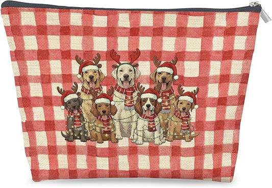 Vintage Christmas Dog Makeup Bag Gifts for Women, Christmas Santa Reindeer Golden Retriever Lover Cosmetic Bag, Red Plaid Xmas Dog Holiday Zipper Makeup Pouch Travel Toiletry Bags