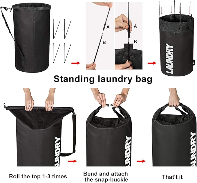 WOWLIVE Extra Large Foldable Laundry Bag Laundry Basket Collapsible Laundry Hamper Backpack Dirty Clothes Hamper Standing Waterproof Hampers for Dorm Room (Black)