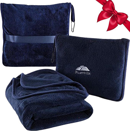 BlueHills Premium Soft Travel Blanket Pillow Airplane Blanket Packed in Soft Bag Pillowcase with Hand Luggage Belt Compact Pack Large Long Flight Essentials Portable Navy Blue T002