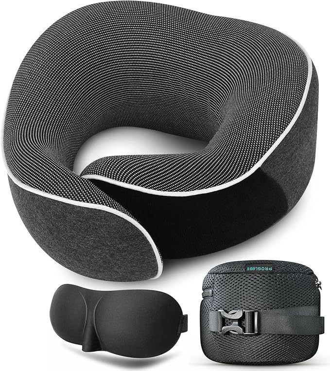 Proglobe Travel Neck Pillow 100% Memory Foam – Airplane & Car Travel Essentials Kit with 3D Eye Mask, Earplugs & Mesh Bag – Sleeping Support Pillow for Adults (Dark Grey)