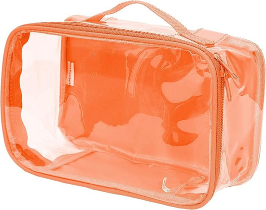 Small Clear Travel Packing Cube/See Through PVC Plastic Pouch for Carry On Suitcase, Backpack or Diaper Bag/Transparent Multipurpose Accessories, Makeup & Underwear Organizer w/Handle (Orange)