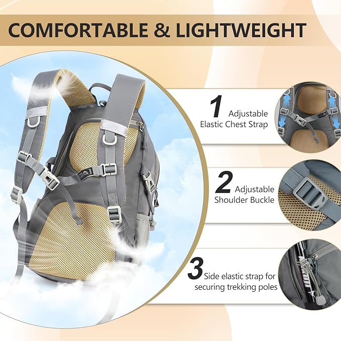 Hiking Backpack With Rain-cover, 30L Travel Backpacks For Women Men, Camping Daypack Backpacks Lightweight, Durable Hiking Backpack Fit For Camping, Daily Commuting, Short Trips (Grey)