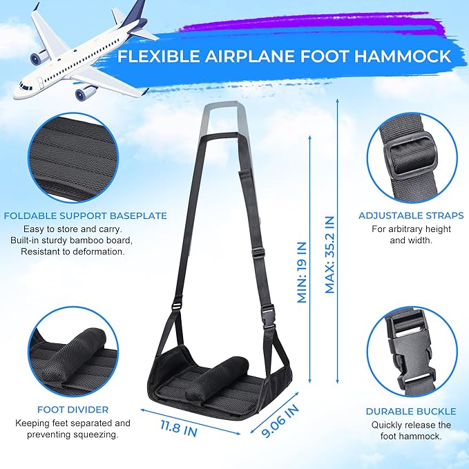 2-Pack No Collapse Airplane Foot Hammock, Foldable Bamboo Base Foot Hammock for Plane Travel with Interval Sponge, Portable Desk Foot Hammock, Airplane Travel Essentials