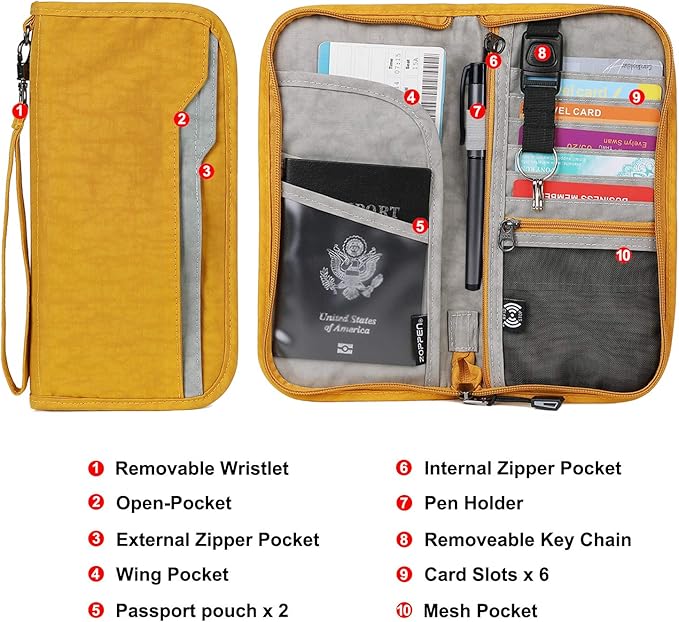 ZOPPEN Passport Holder Family RFID Passport Wallet, Passport Holder Women/Men, Travel Wallet Documents Organizer Zipper Case with Removable Wristlet Strap, Travel Essentials for Flying