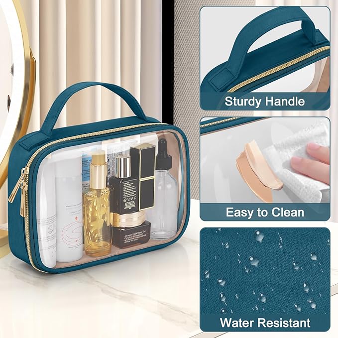 Wedama TSA Approved Toiletry Bag, 4 Pack Clear Makeup Bags with Handles, Quart Size Clear Toiletry Bags, PVC Cosmetic Bags for Women and Men, Carry on Airport Airline Compliant Bag, Til Blue