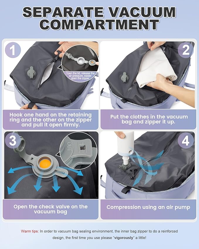 VGCUB Large Travel Backpack with Vacuum System Carry on 18x14x8 Inches Storage Compression Bags with Electric Pump Work Business Vacpack College Laptop Backpack for Women Men Purple Taro