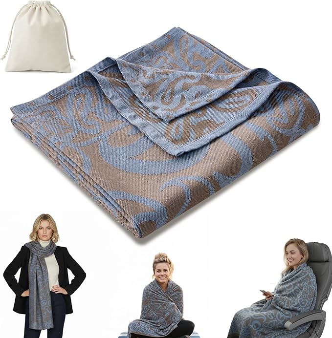 Compact Travel Blanket - Ultra Soft & Lightweight Knit Design Airplane Blanket, 53x72 Inch, Stylish Travel Shawl Wraps for Flights, Car,Travel Essentials, Gifts, Camping