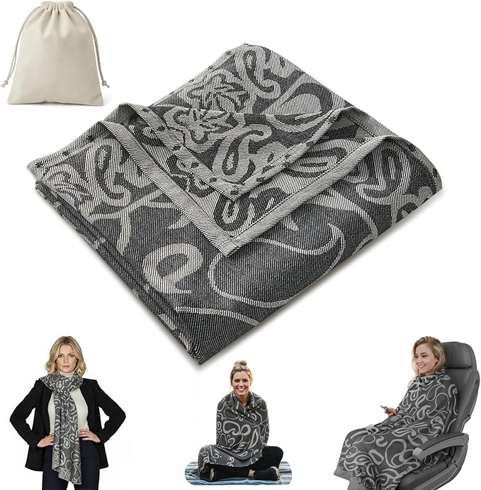 Compact Travel Blanket - Ultra Soft & Lightweight Knit Design Airplane Blanket, 53x72 Inch, Stylish Travel Shawl Wraps for Flights, Car,Travel Essentials, Gifts, Camping