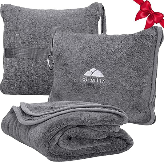 BlueHills Premium Soft Travel Blanket Pillow Airplane Flight Blanket Throw Bag Pillowcase Compact Large 2 in 1 Combo Warm Traveling Plane Essentials Portable Gifts Lightweight Grey Gray T007