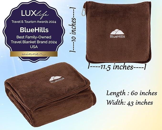 BlueHills Premium Soft Travel Blanket Pillow Airplane Blanket Soft Bag Pillow case with Hand Luggage Belt and Backpack Clip Compact Pack Large Portable Throw Air Plane Flight Travel (Brown T009)