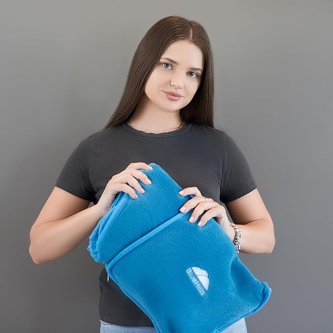 BlueHills Premium Soft Travel Blanket Pillow Airplane Blanket in Soft Bag case with Hand Luggage Belt and Carabiner Compact Pack Large Cozy Plane Car Train Teal Blue T022