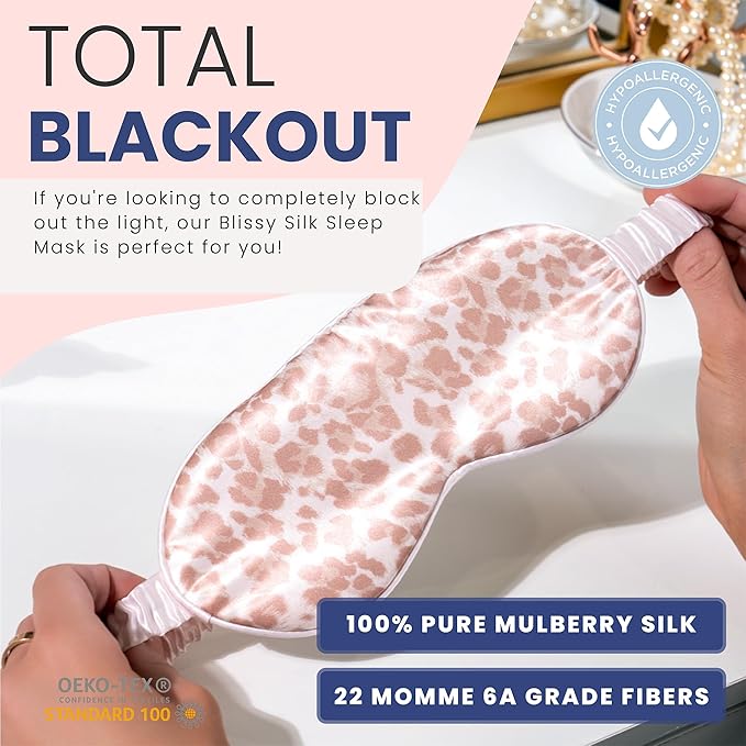 Blissy Silk Sleep Mask - Eye Sleeping Mask for Women & Men for Total Blackout - 100% Pure Mulberry Silk, 22 Momme 6a Fibers - Blindfold Sleep Mask Side Sleeper Eye Cover (Mauve Cheetah)