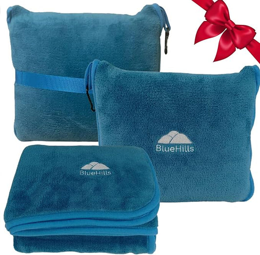BlueHills Premium Soft Travel Blanket Pillow Airplane Blanket in Soft Bag case with Hand Luggage Belt and Carabiner Compact Pack Large Cozy Plane Car Train Teal Blue T022