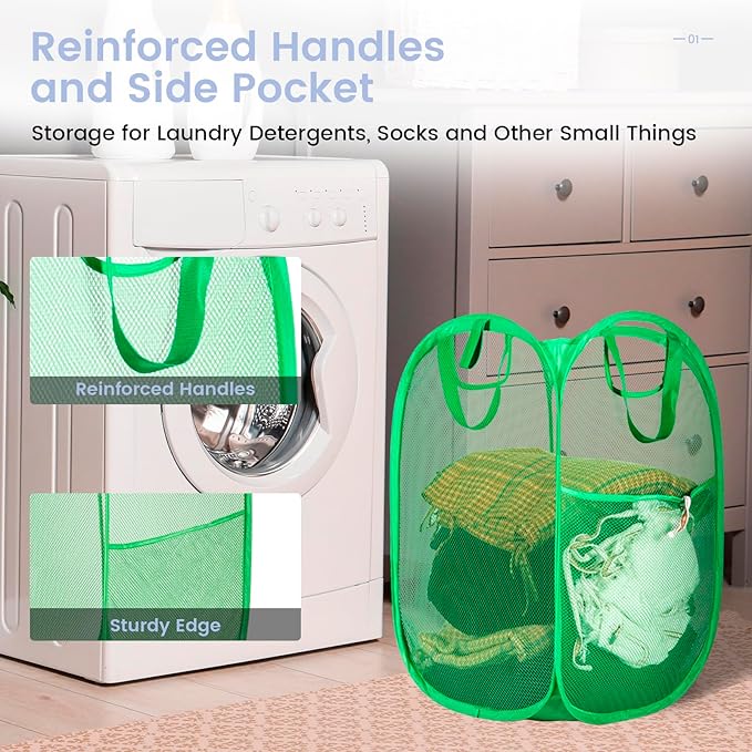 HOUSE AGAIN Pop Up Laundry Hamper, Strong Mesh Laundry Baskets Collapsible, Hamper with Handles and Side Pocket, Portable Foldable Dirty Clothes for Dorm, Laundry room and Travel Storage, Green