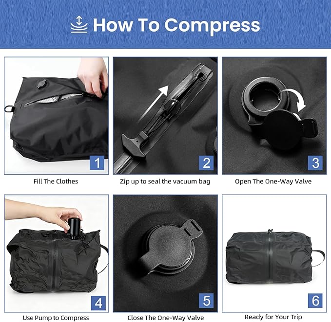 Vacuum Storage Bags for Travel with Portable Pump, Upgraded Vacuum Compression Bags for Travel, IPX8 Waterproof Zipper & 420D Nylon, Includes Electric Pump, Save 60% Luggage Space, 5-7 Day Trip