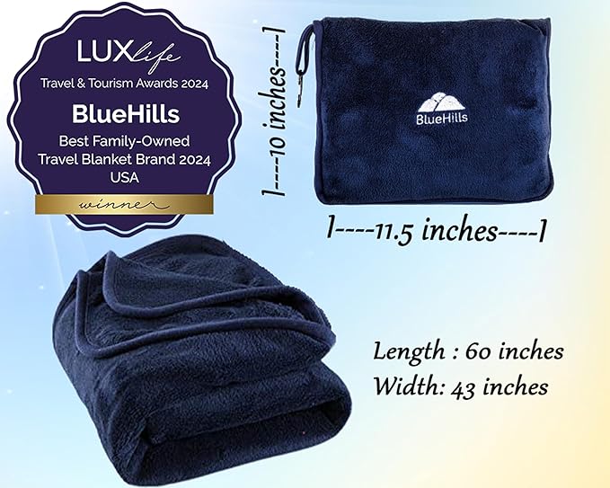 BlueHills Premium Soft Travel Blanket Pillow Airplane Blanket Packed in Soft Bag Pillowcase with Hand Luggage Belt Compact Pack Large Long Flight Essentials Portable Navy Blue T002