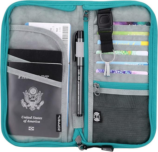 ZOPPEN Passport Holder Family RFID Passport Wallet, Passport Holder Women/Men, Travel Wallet Documents Organizer Zipper Case with Removable Wristlet Strap, Travel Essentials for Flying