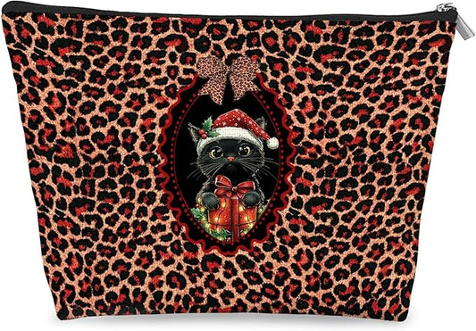 Trendy Leopard Print Christmas Black Cat Makeup Bag, Cat Mom Lady Lovers Gifts, Preppy Cheetah Christmas Cosmetic Bag for Women, Funky Y2k Xmas Kitty Small Toiletry Bags Zipper Makeup Pouch