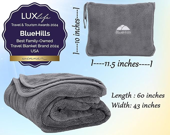 BlueHills 2-Pack Premium Soft Travel Blanket Pillow Airplane Blanket in Soft Bag Pillowcase with Hand Luggage Belt and Backpack Clip, Compact Pack Large Blankets for Any Travel (Grey Gray T013)