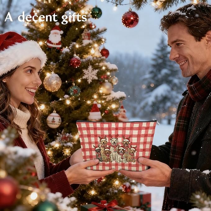 Vintage Christmas Dog Makeup Bag Gifts for Women, Christmas Santa Reindeer Golden Retriever Lover Cosmetic Bag, Red Plaid Xmas Dog Holiday Zipper Makeup Pouch Travel Toiletry Bags